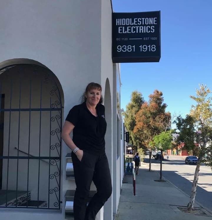 Natalie outside the Hiddlestone Electrics workshop on Townshend Road, Subiaco