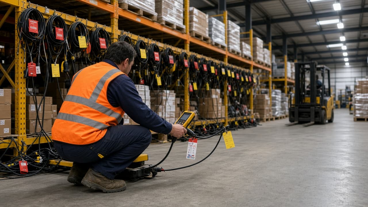 Electrician in high-vis testing a tagged lead with a PAT tester in a warehouse aisle