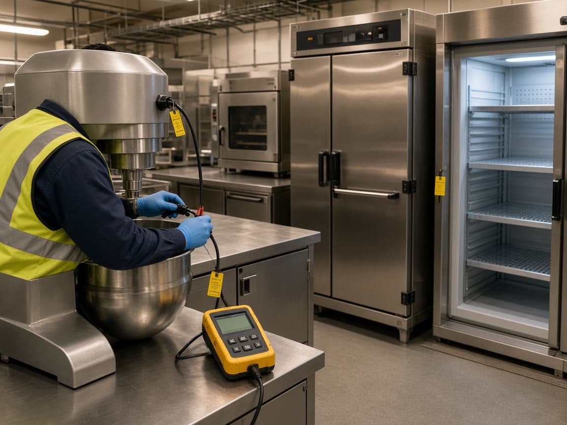 Test and tag on a commercial mixer in a stainless-steel kitchen, PAT tester on the bench
