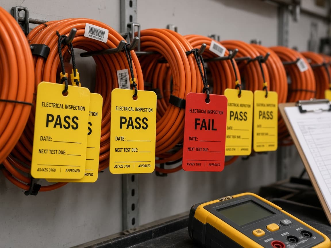 Yellow PASS and red FAIL electrical inspection tags on coiled orange extension leads