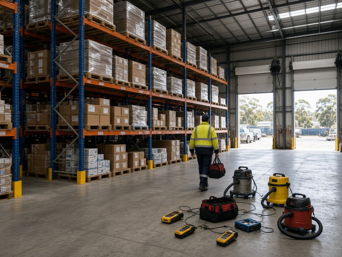 Warehouse dock with vacuums and testers lined up for tagging, electrician walking the aisle